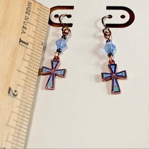 Cross Earrings Dangle Enamel Blue Vintage Celtic